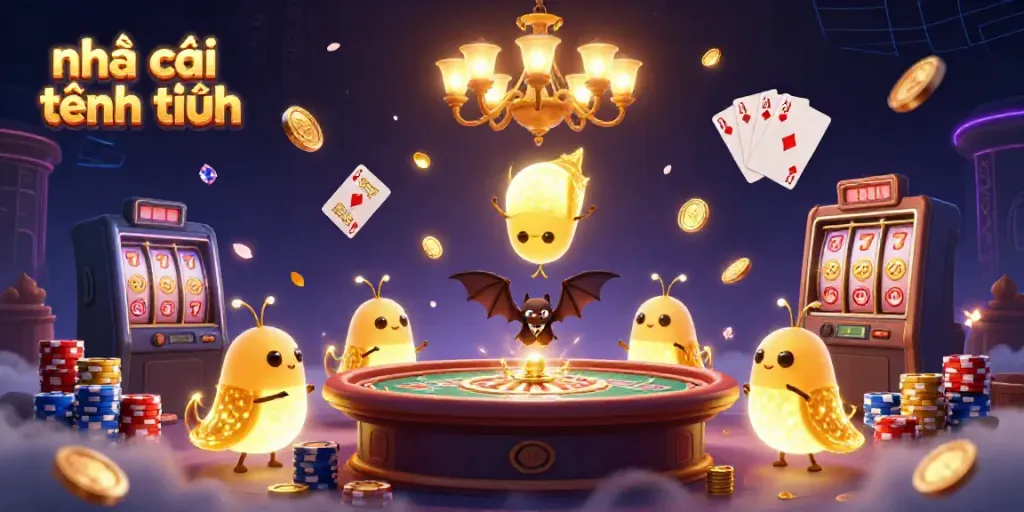 Experience excitement at nhà cái tặng tiền with a vibrant casino scene featuring glowworm dealers and sparkling coins.
