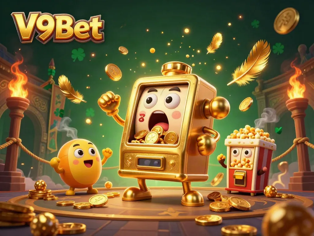 Experience thrilling wins at V9Bet with a golden slot machine jackpot celebration and cheering characters.