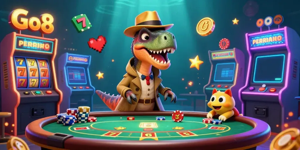 Go8 illustrates a quirky blackjack scene with a disguised velociraptor card counter and a sneaky compy pickpocket.