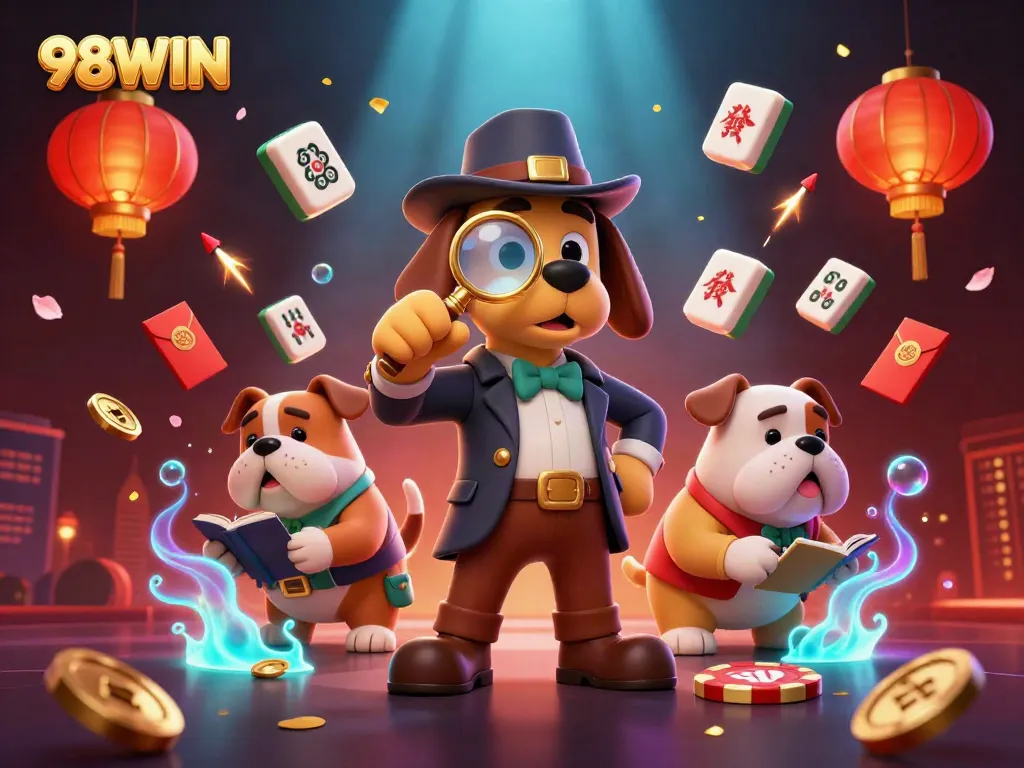 Explore exciting games with the 98WIN casino experience featuring detective characters and vibrant colors.