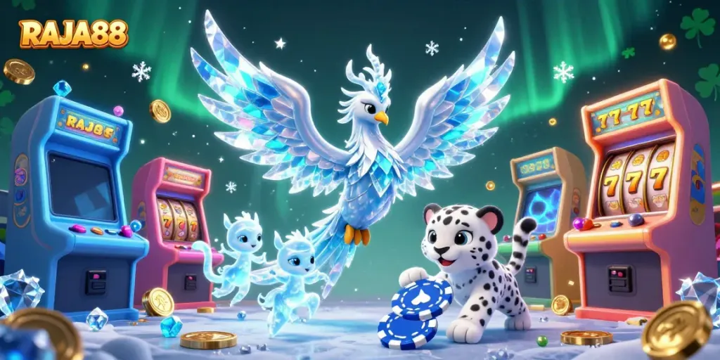 Experience RAJA88's vibrant casino scene showcasing an ice phoenix with gaming elements.