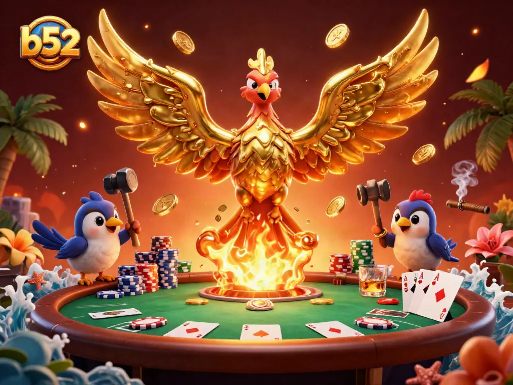 Play the exciting b52 game with golden phoenix and poker elements in a vibrant casino scene.