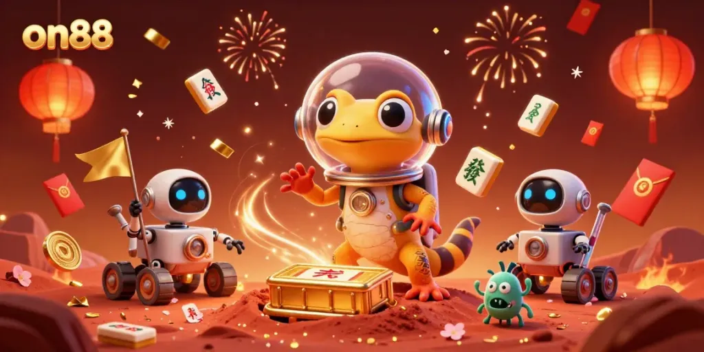 Experience the excitement of on88 at a golden casino on Mars with vibrant 3D elements, celebrating luck and wins.