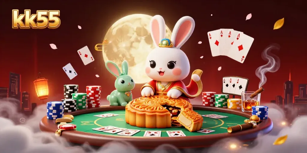 Play poker with kk55's moon rabbit characters surrounded by golden mooncake coins and vibrant casino elements.