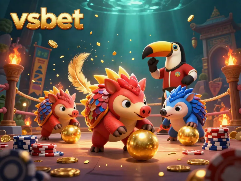 Engage in exciting gameplay with vsbet as rival pangolins bowl through poker chips in a vibrant casino arena.