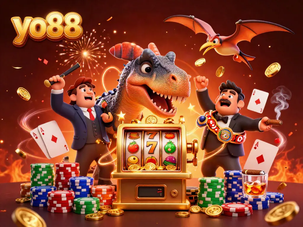 yo88 gaming scene with animated dinosaurs and vibrant casino elements celebrating a jackpot win
