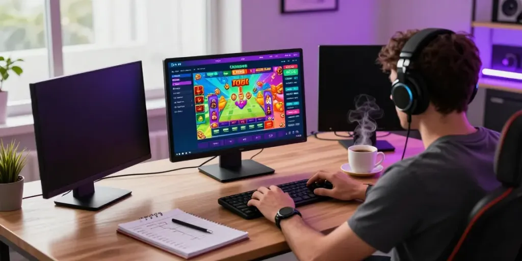 Engaging scene of a player enjoying davo 88 playing Togel online on a laptop with vibrant visuals.