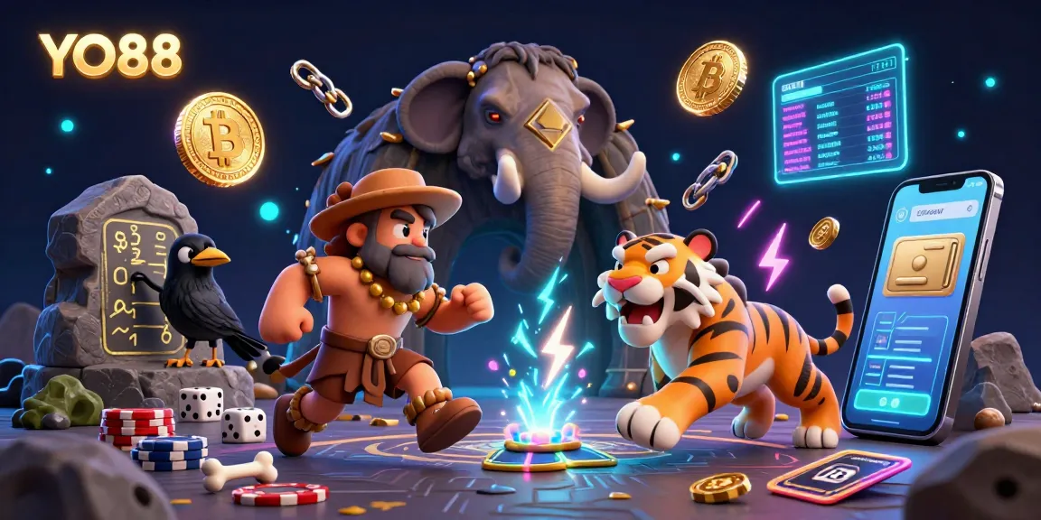 Experience the thrill of YO88 with a dynamic prehistoric casino scene filled with cartoon characters and digital crypto elements.