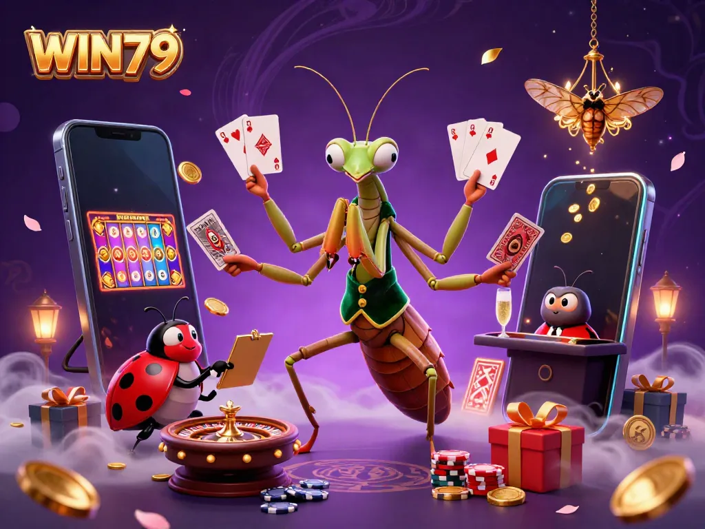Exciting WIN79 casino scene with a giant praying mantis card sharp and animated gaming elements.