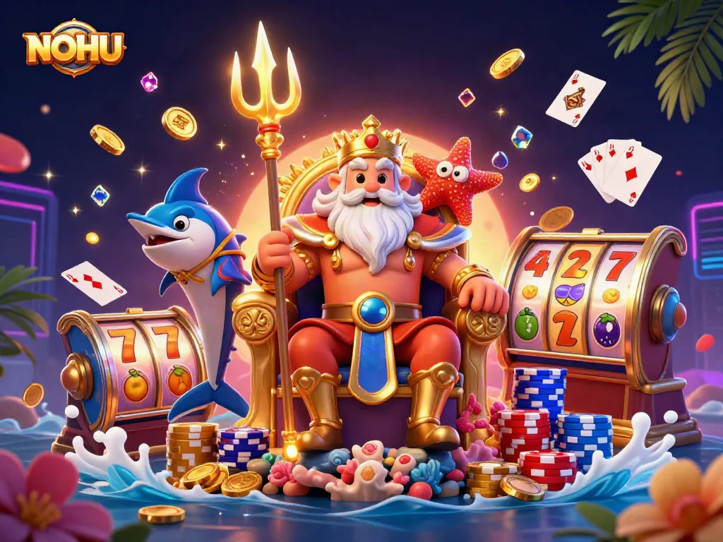 Experience NEPTUNE leading the NOHU adventure with golden coins and slot machines in vibrant casino scene.