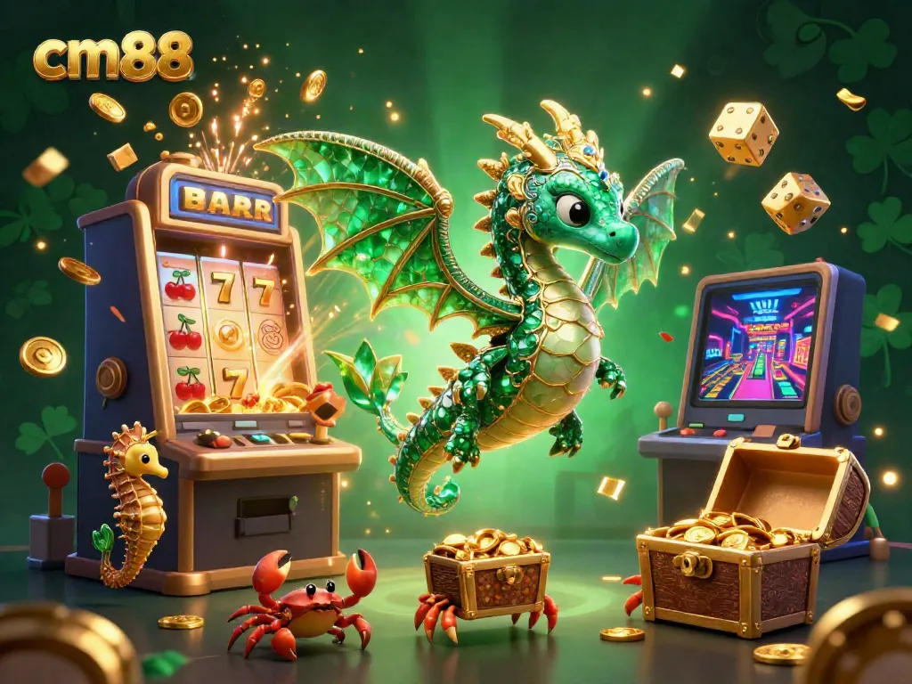 Spin the reels at cm88 with a dynamic 3D scene showcasing a sea dragon, slot machine, and treasure chest!