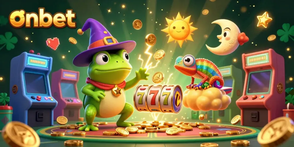 Experience the excitement of onbet with a vibrant 3D casino scene full of gold coins and gaming elements.
