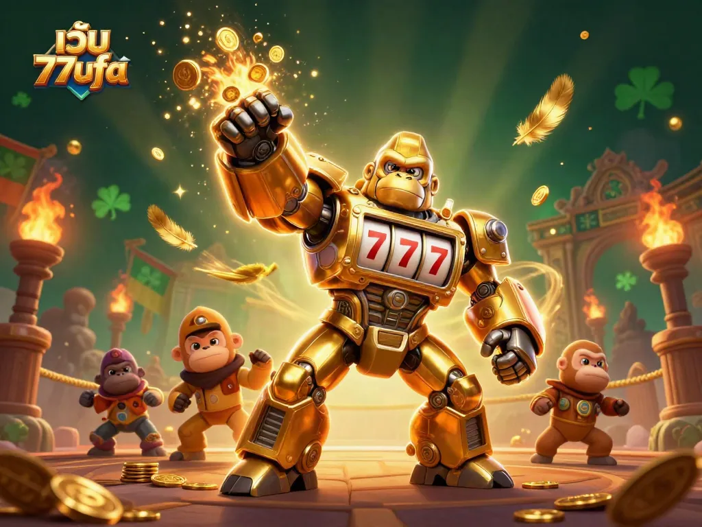 Experience thrilling gaming with เว็บ 77ufa featuring a golden gorilla mech and dynamic casino elements.
