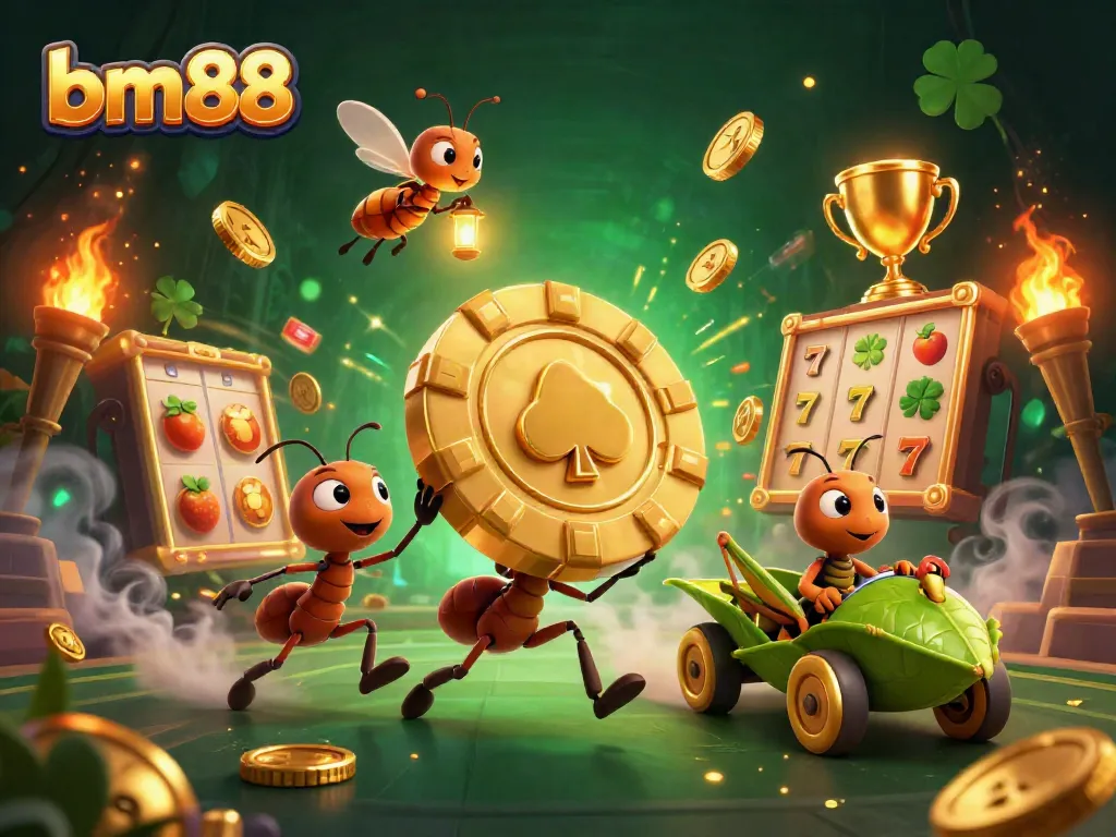 Engaging illustration of ant characters involved in a heist featuring bm88 as they explore slots elements.