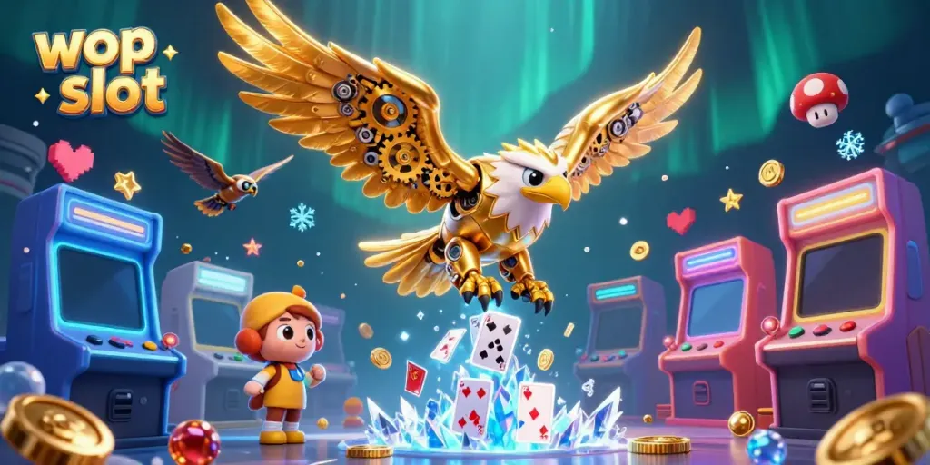 Permainan wop slot menunjukkan simbol jackpot yang menggoda dengan RTP tinggi dan logo di sudut kiri atas.