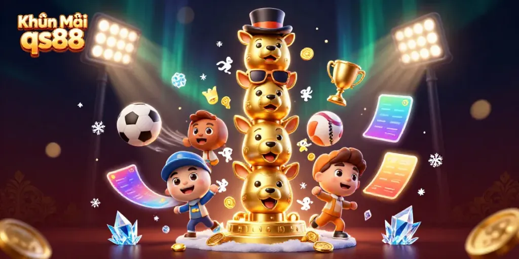 Engage with Khuyến Mãi qs88 in a vibrant 3D casino scene filled with dynamic game elements.