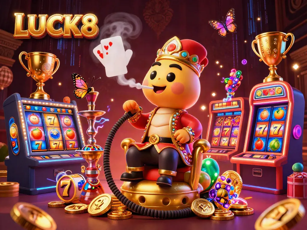 Engage in thrilling casino action with LUCK8, featuring vibrant jackpot machines and a fantasy caterpillar character.