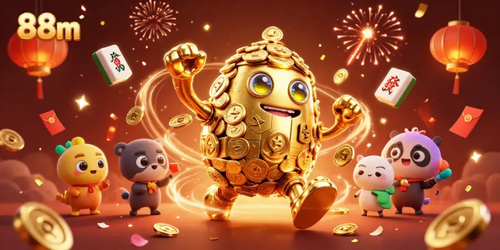 Engage with the vibrant casino world of 88m featuring a golden golem amidst festive elements.