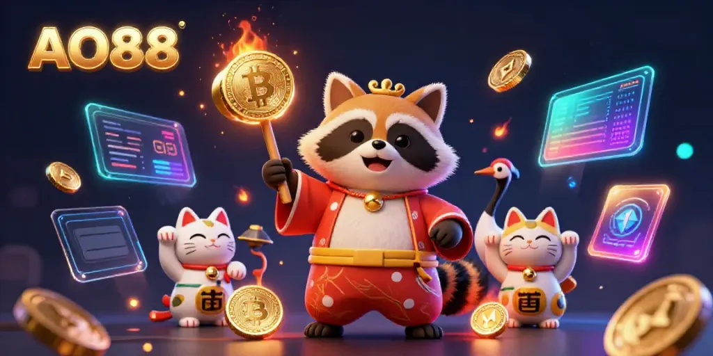 Celebrate big wins at AO88 with a cheerful tanuki in casino-themed scene with crypto coins and lucky charms.