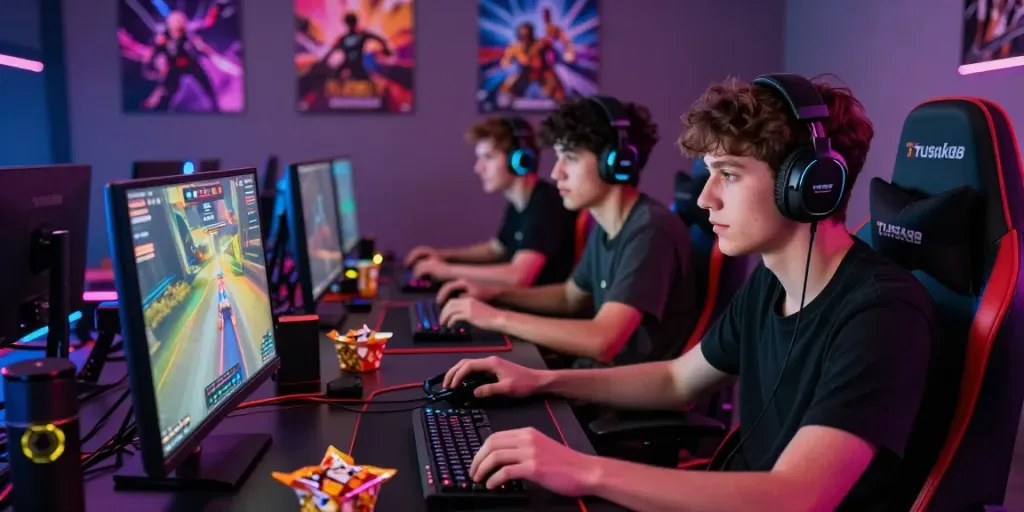 Group gaming session featuring tusuk88 on monitors, colorful LED lights, and enthusiastic players.