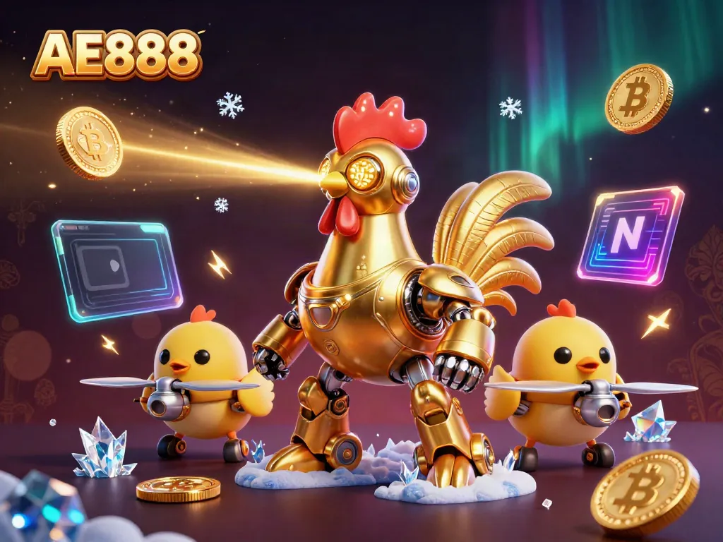 Experience the energetic AE888 gaming scene with a futuristic rooster and baby chick drones.