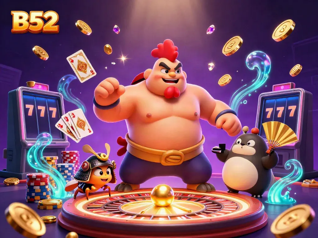 B52 brings thrilling gaming action with sumo wrestler rooster, samurai cricket, and tanuki announcer in an immersive environment.