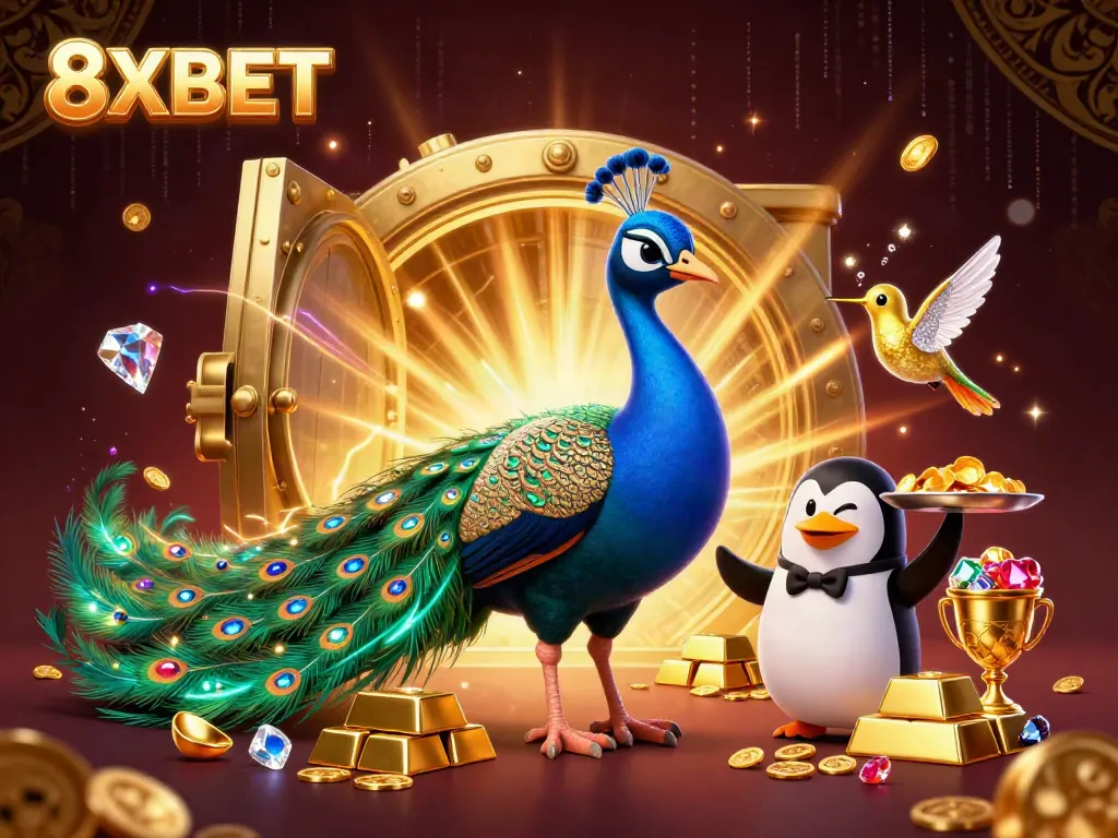 Experience the vibrant world of 8XBET, featuring dynamic characters amid dazzling casino treasures.