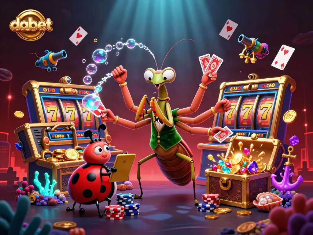 Experience vibrant slot gaming action with dabet's enchanting 3D casino scene featuring lively characters and captivating elements.