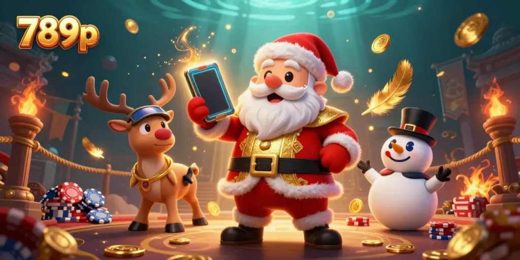 Experience the vibrant world of 789p as Santa wins jackpots with friends in a dazzling casino.