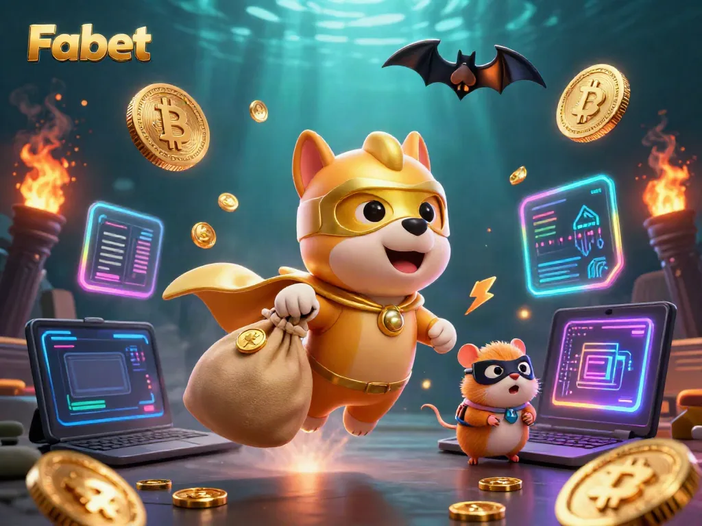 Engage with Fa bet as a superhero dog flies with gold coins amidst vibrant casino elements.