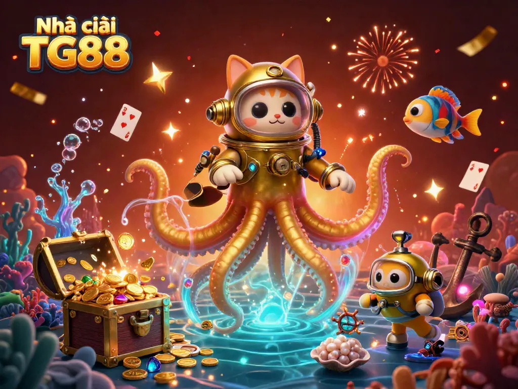 Experience the thrill of Nhà cái TG88 with a vibrant scene of a golden kraken and diving cat surrounded by underwater treasures.