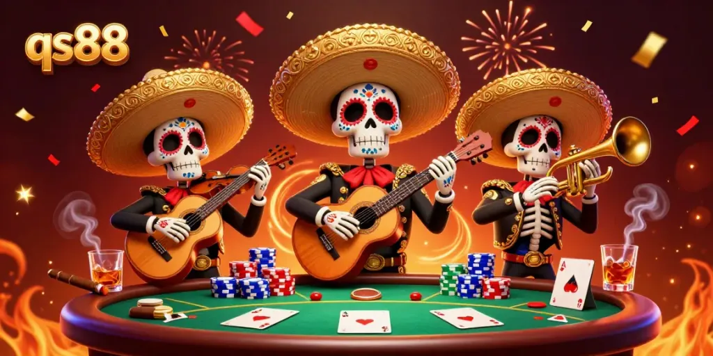 Engage in thrilling qs88 casino action with vibrant mariachi skeletons and poker elements.