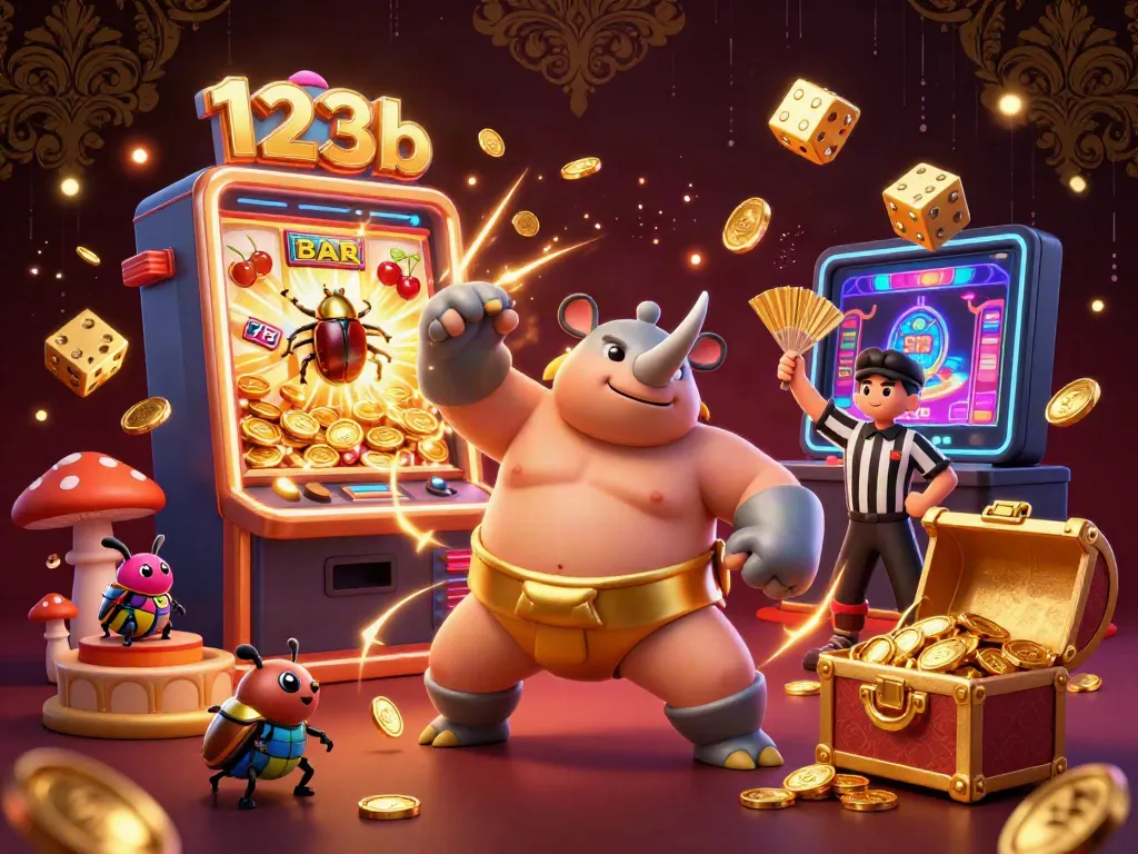 Experience thrilling gameplay with 123b as a beetle champion celebrates a jackpot explosion, coins flying.