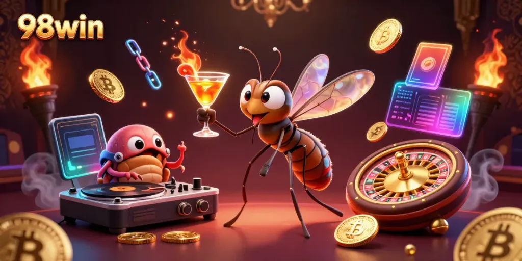 Experience thrilling gameplay at 98win with a lively casino mascot, showcasing vibrant crypto elements.