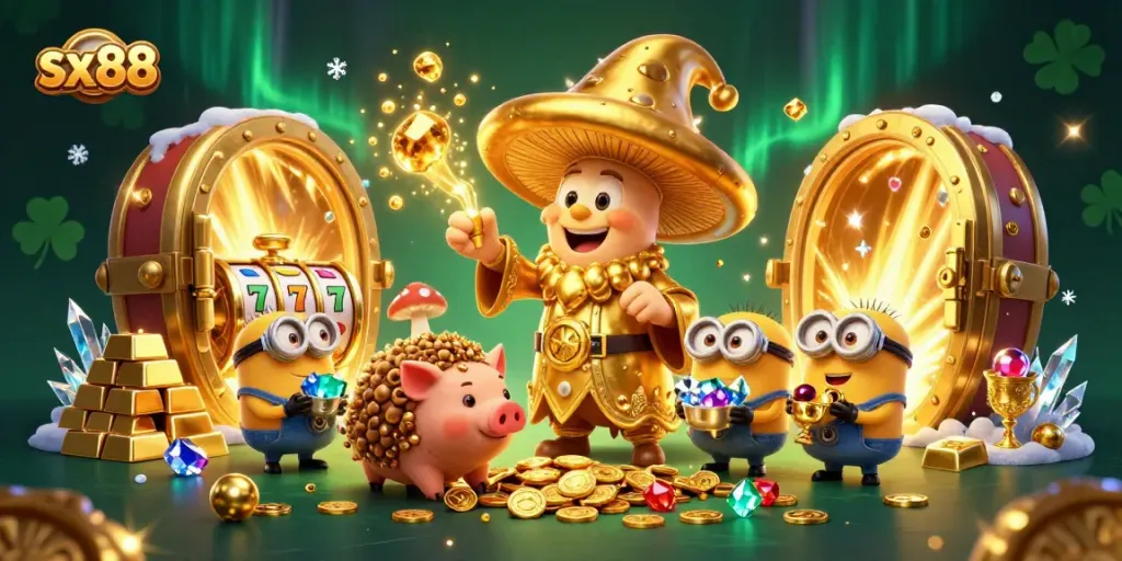 Spin for treasures with sx88 in a vibrant casino adventure featuring a magical wizard and treasure.
