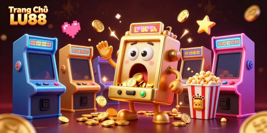 Experience the excitement of Trang Chủ LU88 with a vibrant scene featuring a shocked golden slot machine hitting a jackpot.