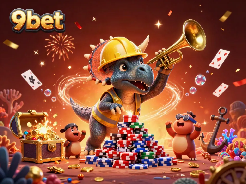 Experience the excitement of 9bet through a vibrant 3D illustration featuring casino elements and fun characters.