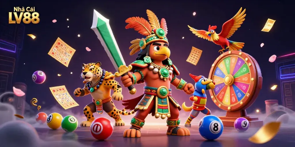 Experience the vibrant action at Nhà Cái LV88 with dynamic lottery and gaming elements in a stunning 3D scene.