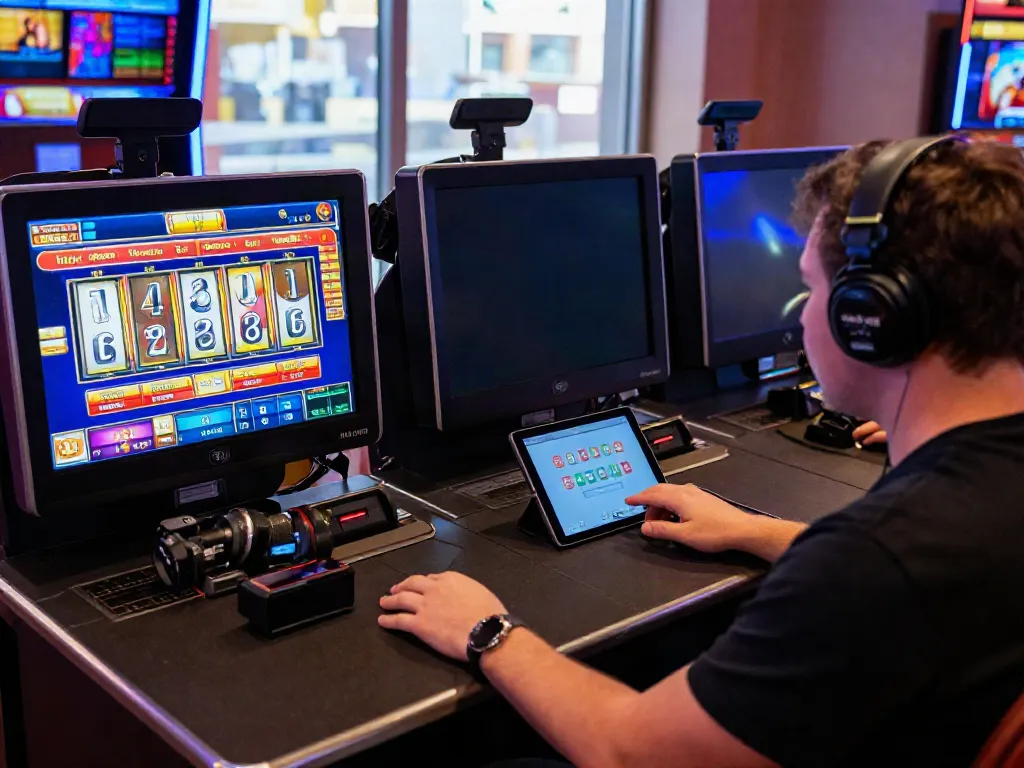 Engaged user experiencing slot88 online gaming on multiple devices in a vibrant setup.