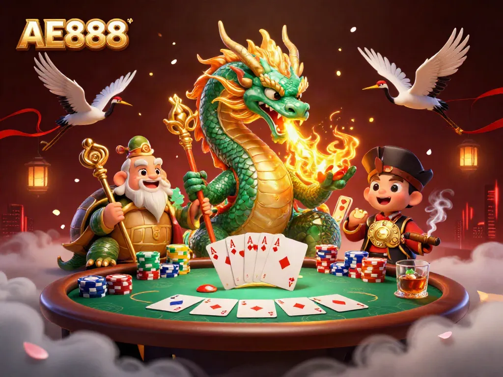 Engage in thrilling gameplay at AE888 with a vibrant casino scene featuring a jade dragon and lucky symbols.