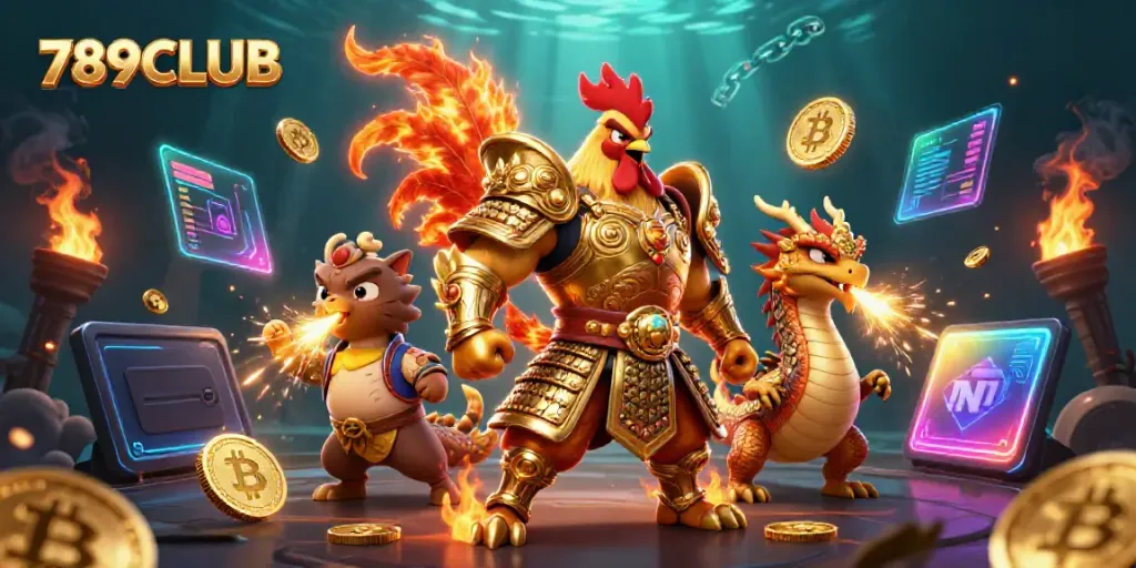 Join the excitement at 789CLUB with dynamic gaming characters amidst neon crypto elements.