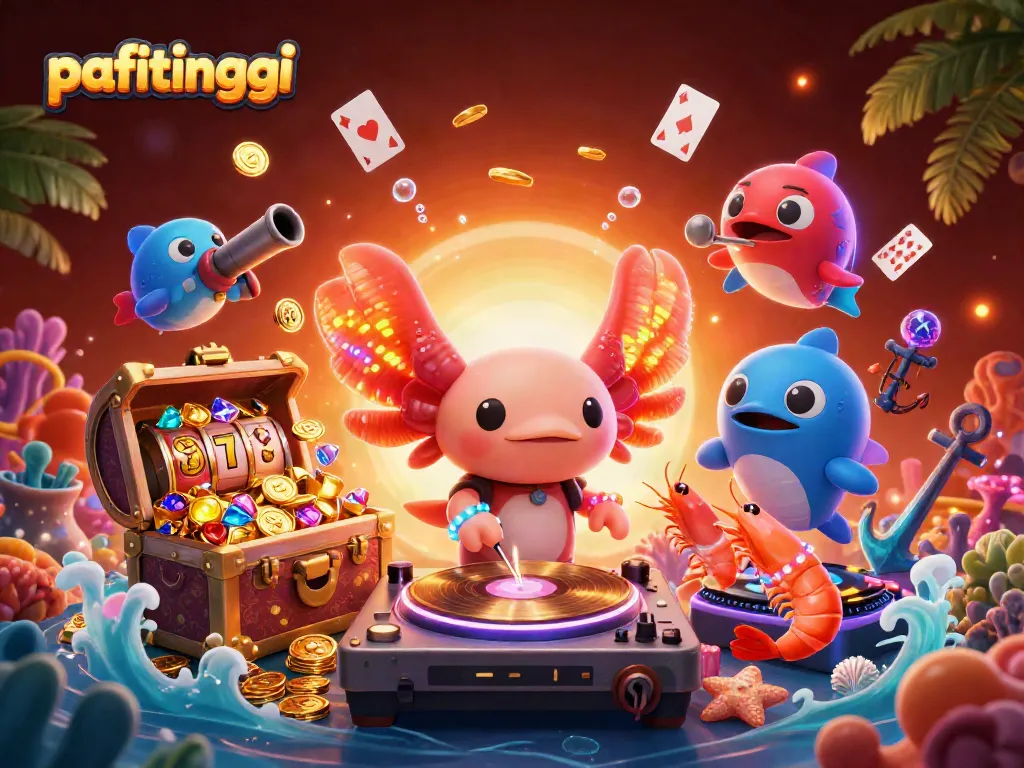 Temukan keseruan di pafitinggi dengan DJ axolotl neon yang memutar hadiah di dalam lautan slot.