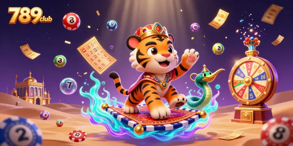 Engage with 789club's colorful lottery scene featuring dynamic elements like bouncing balls and golden bingo cards.