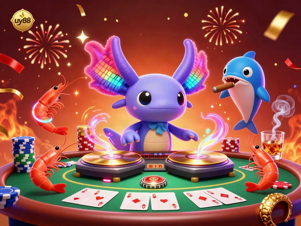 uy88 casino scene featuring a neon axolotl DJ with poker elements, vibrant colors, and party atmosphere