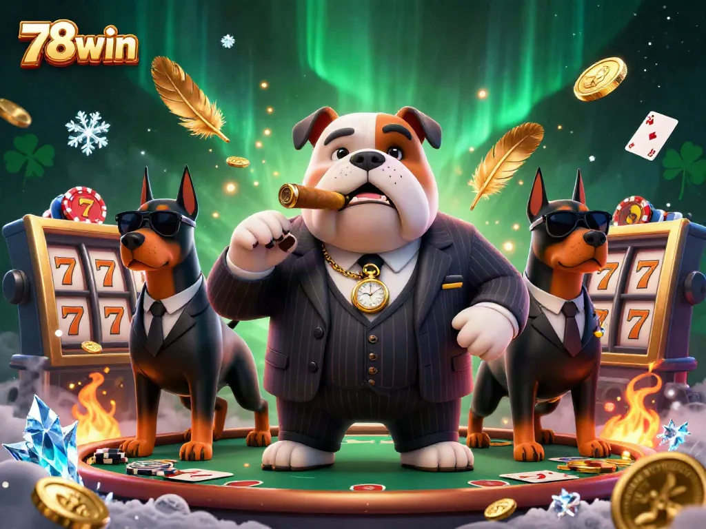 Engage in thrilling gameplay with 78win; iconic 3D mafia bulldog character amidst dynamic casino elements.