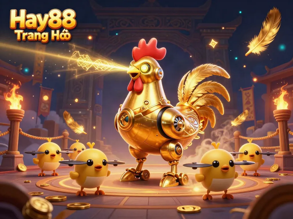 Experience thrilling gameplay in Hay88 Trang Chủ with a dynamic casino scene featuring a golden rooster robot.