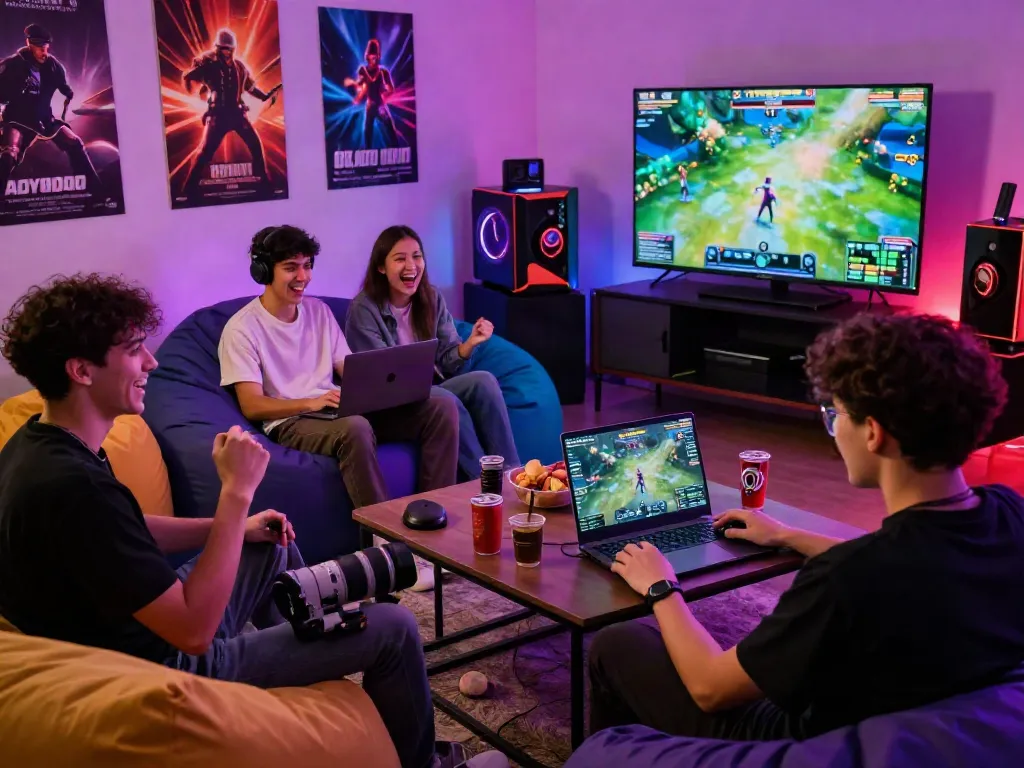 Group of friends enjoying garuda404 multiplayer gaming session in a vibrant room.