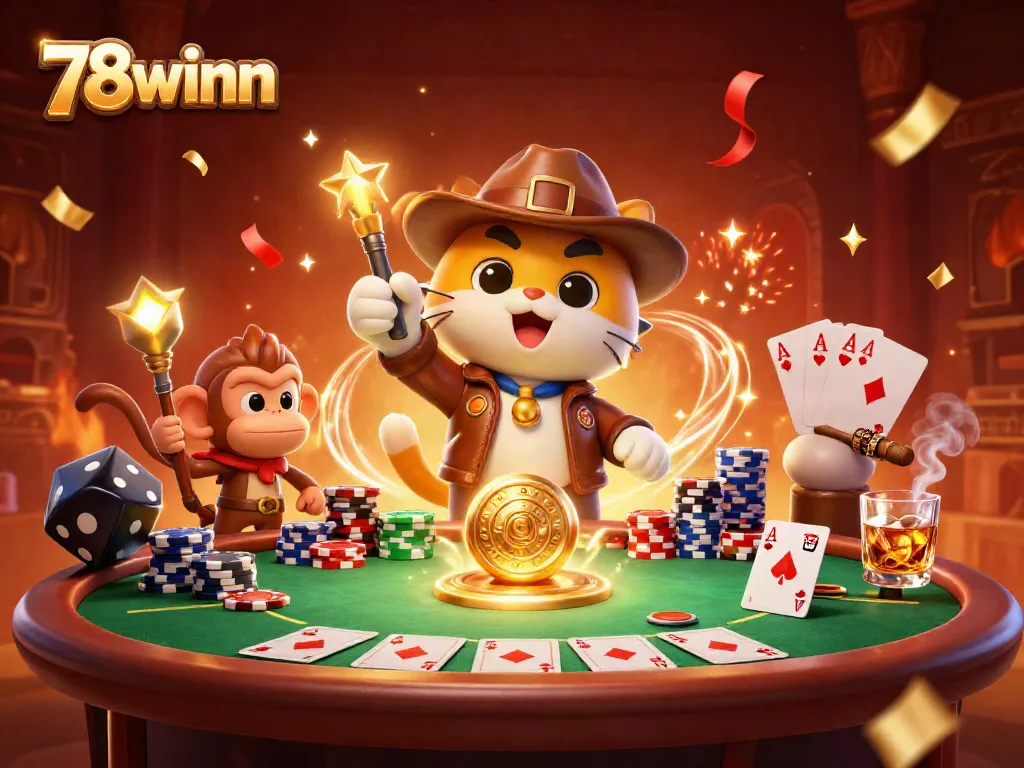 Explore the thrilling world of 78winn with an archaeologist cat uncovering casino treasures amidst poker elements.