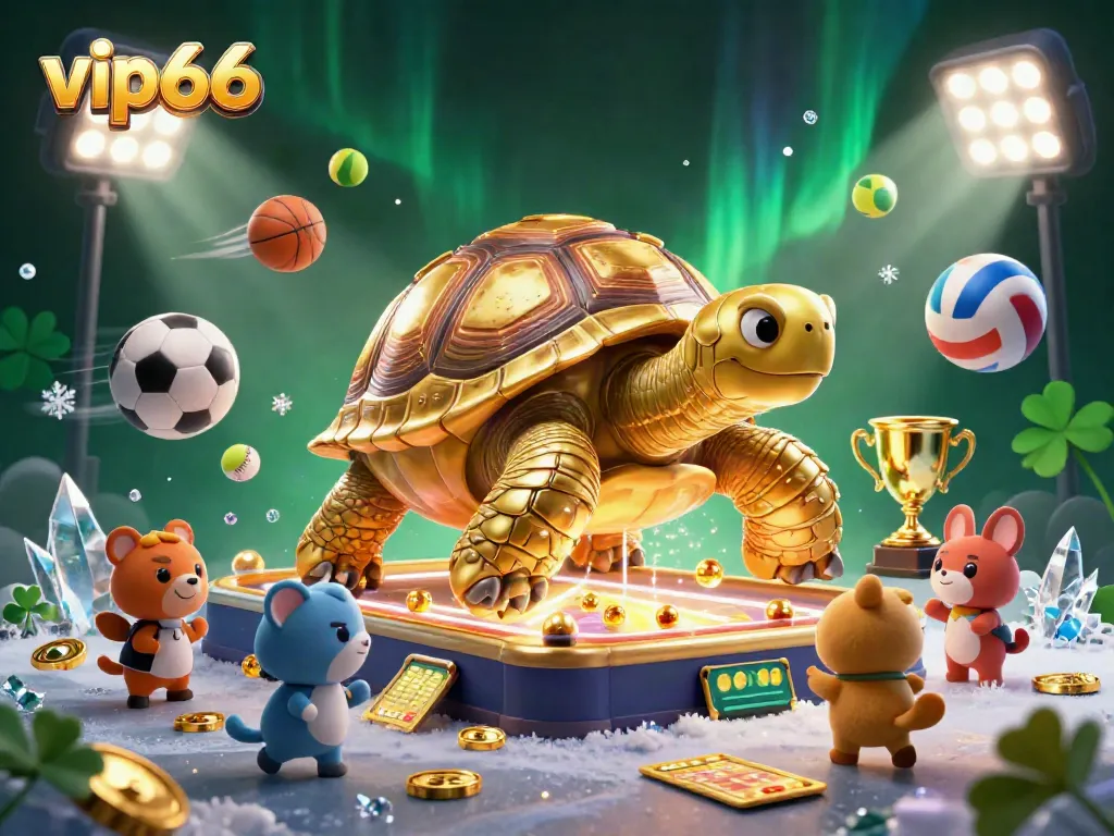 Engage with vip66's thrilling 3D casino scene featuring a golden tortoise pinball machine surrounded by enthusiastic players.