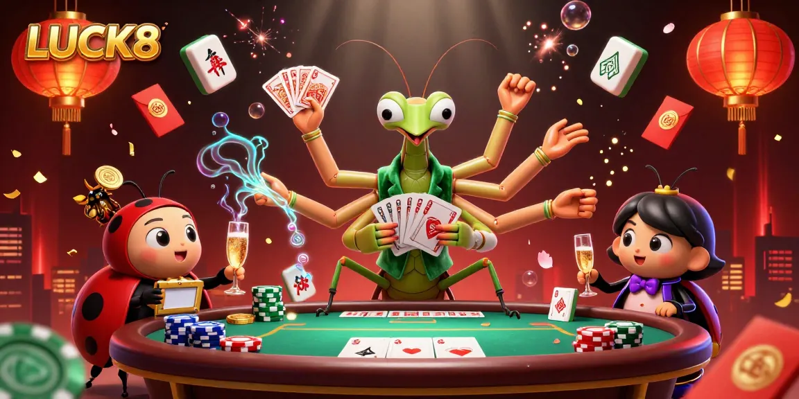 Experience the thrill of LUCK8 with a vibrant casino scene featuring animated characters and festive elements.